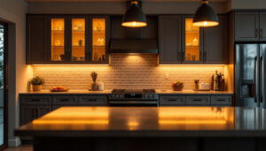 A photograph of a beautifully designed kitchen featuring warm under cabinet lighting that highlights the countertops and backsplash
