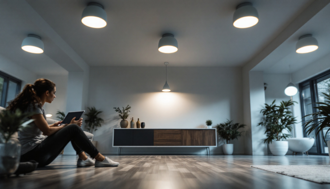 A photograph of a well-lit modern room featuring sleek can lights installed in the ceiling