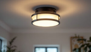 A photograph of a beautifully designed flush mount lighting fixture in an elegantly styled room