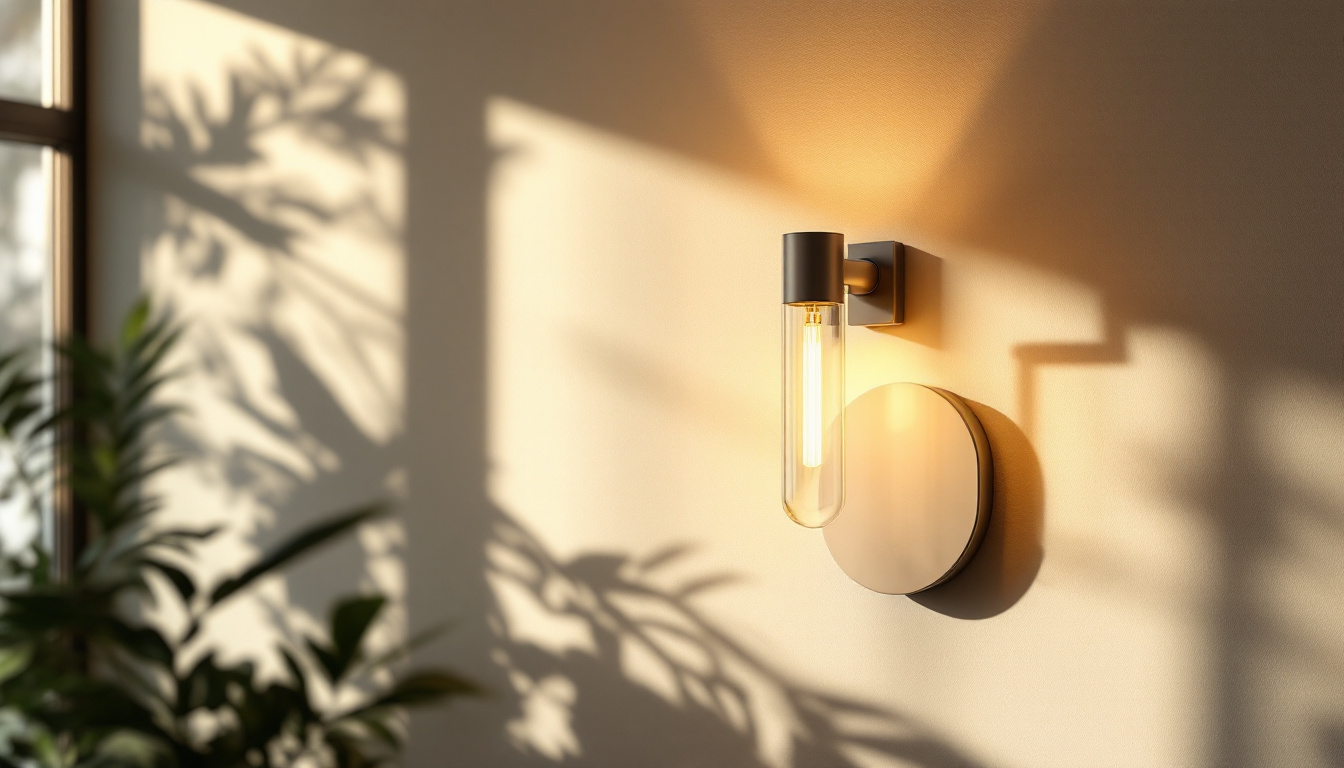 A photograph of a stylishly designed wall sconce in a modern interior setting