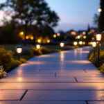 A photograph of a beautifully illuminated walkway featuring various styles of solar lights