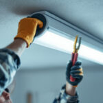 A photograph of a lighting contractor skillfully removing a fluorescent bulb cover from a ceiling fixture