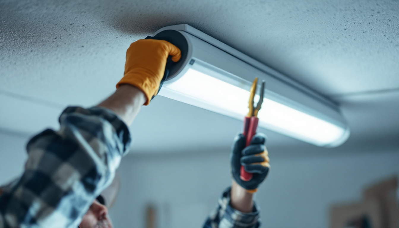 A photograph of a lighting contractor skillfully removing a fluorescent bulb cover from a ceiling fixture