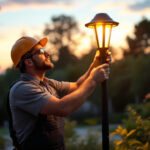 A photograph of a lighting contractor meticulously adjusting a modern post light fixture in a beautifully landscaped outdoor setting during twilight