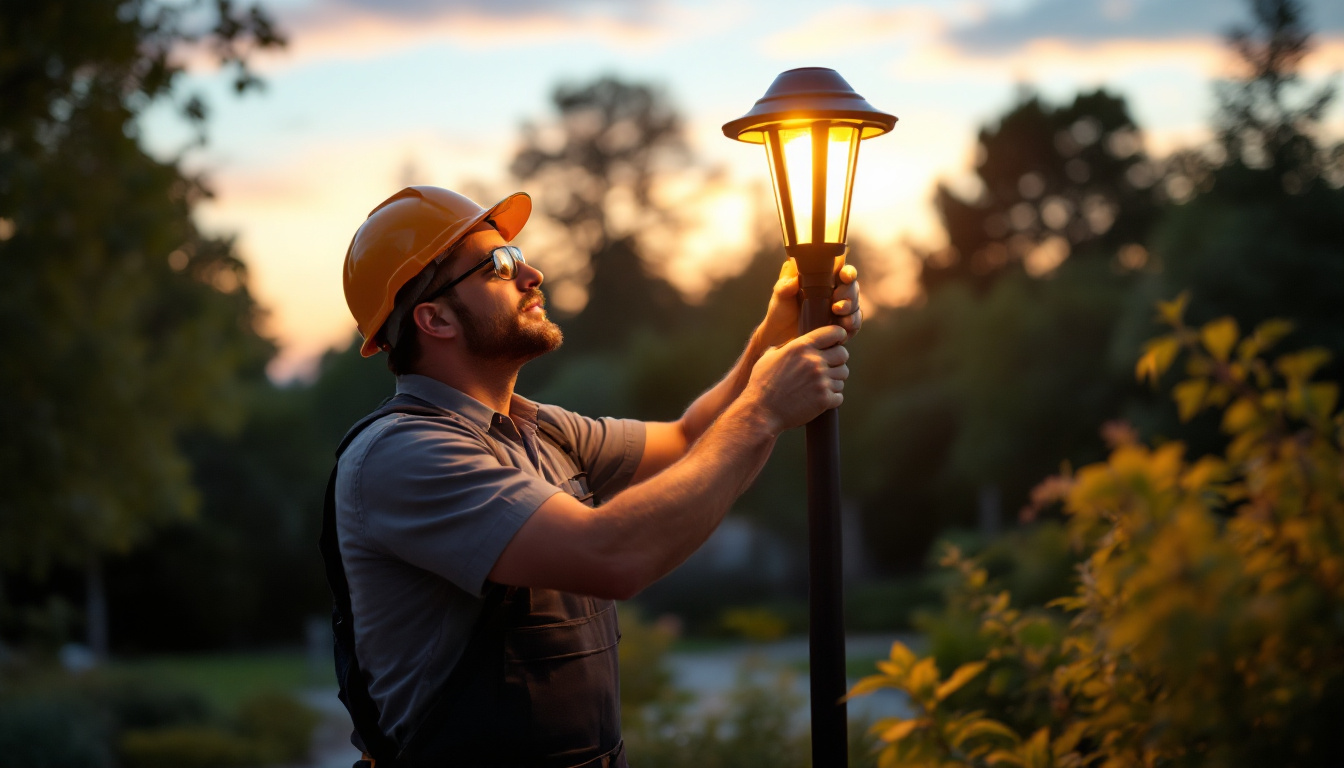 A photograph of a lighting contractor meticulously adjusting a modern post light fixture in a beautifully landscaped outdoor setting during twilight