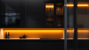 A photograph of a beautifully illuminated cabinet featuring led tape lighting