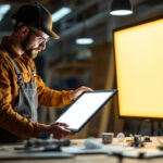 A photograph of a lighting contractor examining a led diffused panel alongside a traditional lighting fixture in a well-lit workspace
