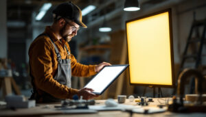A photograph of a lighting contractor examining a led diffused panel alongside a traditional lighting fixture in a well-lit workspace