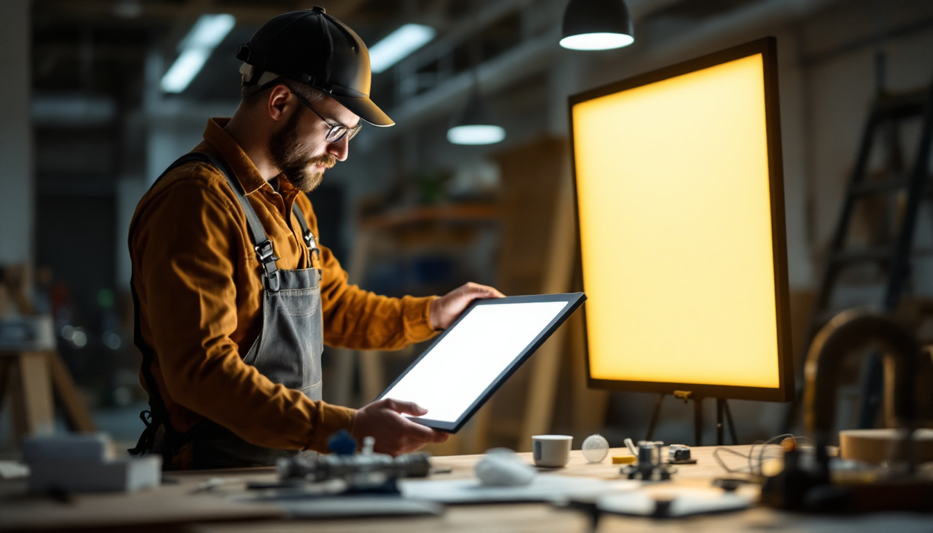 A photograph of a lighting contractor examining a led diffused panel alongside a traditional lighting fixture in a well-lit workspace