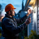 A photograph of a lighting contractor installing motion-activated lights in a residential setting