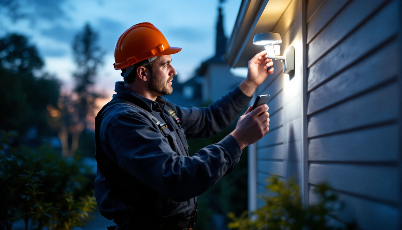 A photograph of a lighting contractor installing motion-activated lights in a residential setting