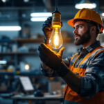 A photograph of a lighting contractor expertly installing a sideways bulb socket in a well-lit workspace