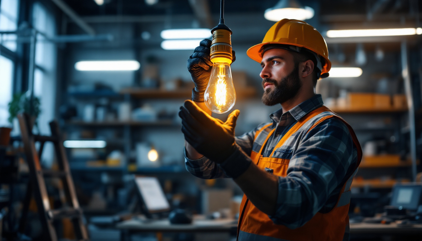 A photograph of a lighting contractor expertly installing a sideways bulb socket in a well-lit workspace