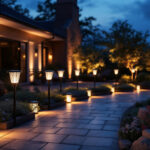 A photograph of a beautifully illuminated outdoor space showcasing a variety of decorative solar lights in different styles and settings