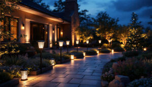 A photograph of a beautifully illuminated outdoor space showcasing a variety of decorative solar lights in different styles and settings