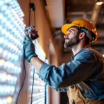 A photograph of a professional lighting contractor at work