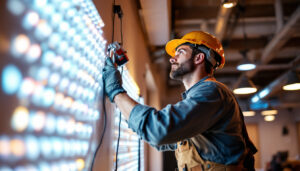 A photograph of a professional lighting contractor at work