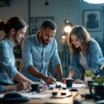 A photograph of a diverse team of professionals engaged in a hands-on lighting training session