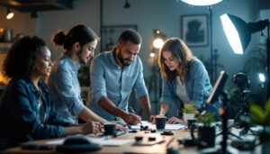 A photograph of a diverse team of professionals engaged in a hands-on lighting training session