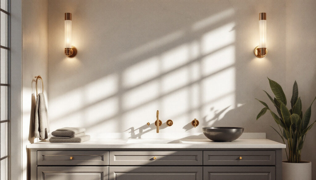 A photograph of a beautifully designed bathroom featuring elegant wall light fixtures