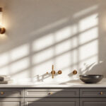 A photograph of a beautifully designed bathroom featuring elegant wall light fixtures