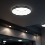A photograph of a well-lit interior space featuring small recessed lights installed in various areas