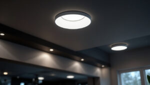 A photograph of a well-lit interior space featuring small recessed lights installed in various areas