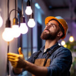 A photograph of a lighting contractor skillfully installing maxlite bulbs in a modern setting