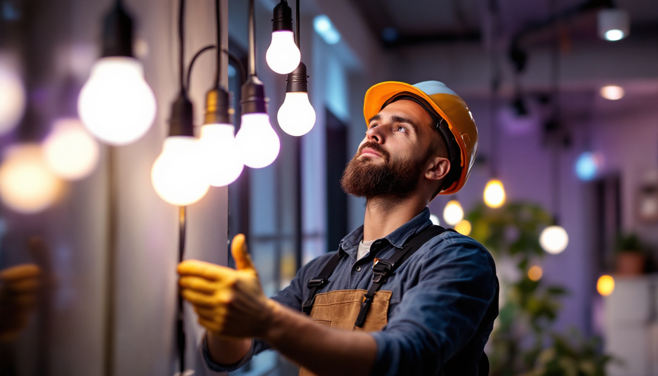 A photograph of a lighting contractor skillfully installing maxlite bulbs in a modern setting