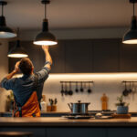 A photograph of a modern kitchen showcasing stylish ceiling light fittings