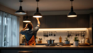 A photograph of a modern kitchen showcasing stylish ceiling light fittings