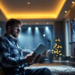A photograph of a lighting contractor examining a beautifully illuminated space with puck lights