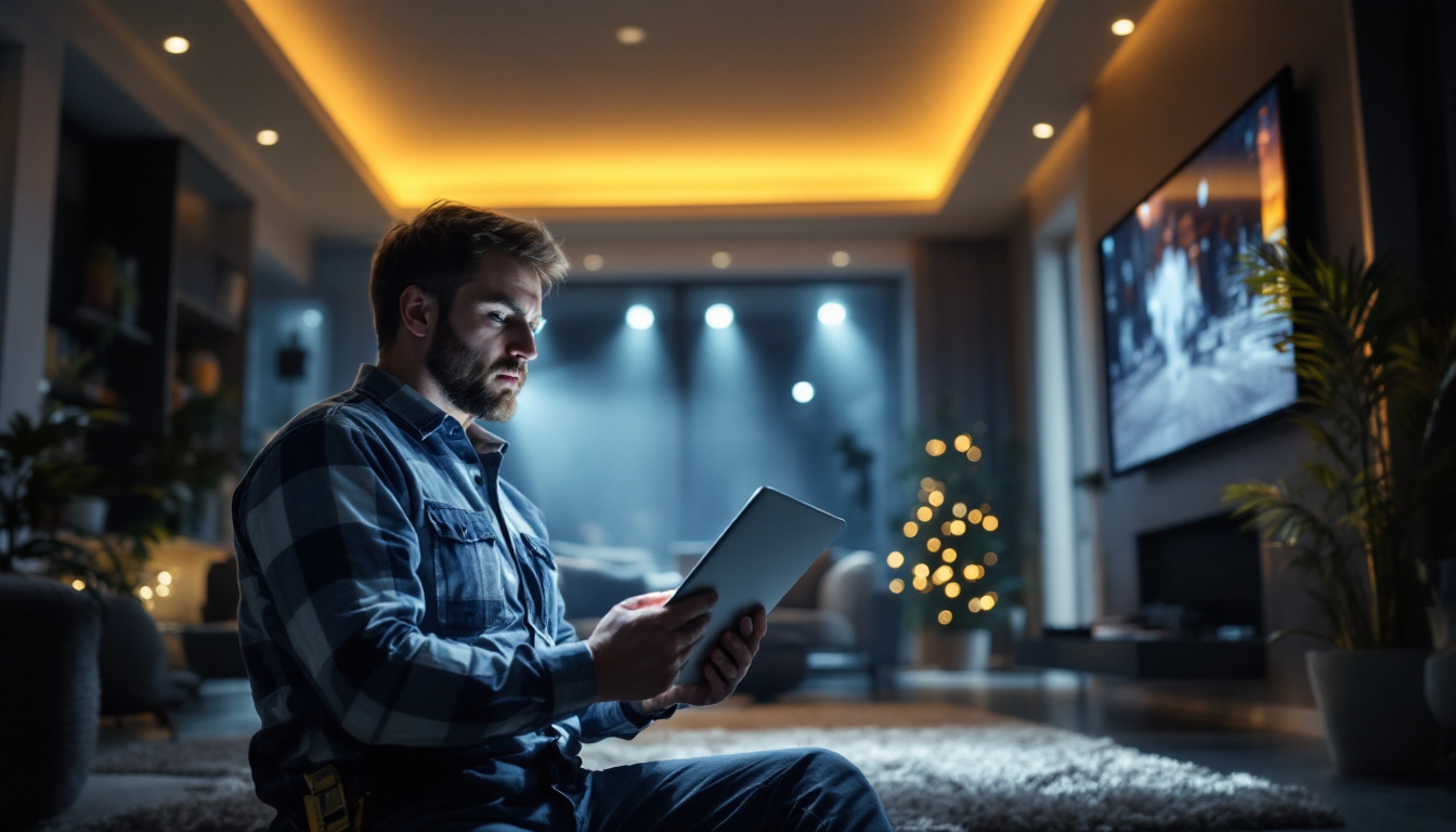 A photograph of a lighting contractor examining a beautifully illuminated space with puck lights