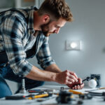 A photograph of a lighting contractor skillfully installing a dimmer switch in a modern home setting