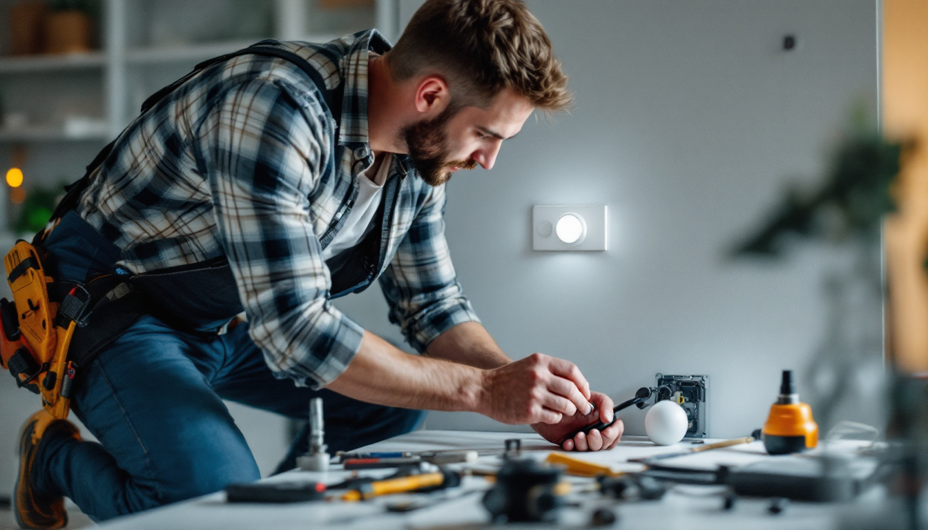 A photograph of a lighting contractor skillfully installing a dimmer switch in a modern home setting