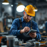 A photograph of a skilled lighting contractor examining various types of ballasts in a well-lit workshop