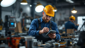 A photograph of a skilled lighting contractor examining various types of ballasts in a well-lit workshop