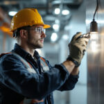 A photograph of a lighting contractor actively installing or inspecting emergency lighting systems in a commercial setting