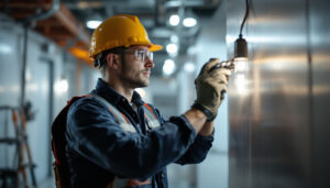 A photograph of a lighting contractor actively installing or inspecting emergency lighting systems in a commercial setting