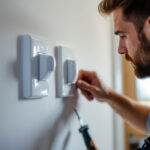 A photograph of a lighting contractor expertly installing a leviton motion sensor switch in a residential setting
