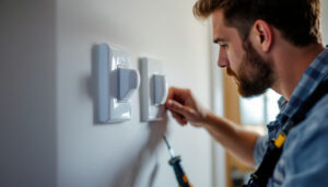 A photograph of a lighting contractor expertly installing a leviton motion sensor switch in a residential setting