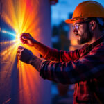 A photograph of a lighting contractor working with vibrant led lights in a residential or commercial setting