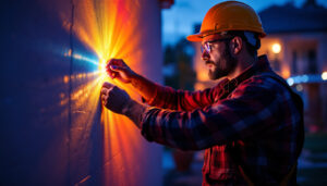 A photograph of a lighting contractor working with vibrant led lights in a residential or commercial setting