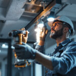A photograph of a lighting contractor expertly installing led track lighting in a modern interior space