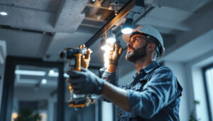 A photograph of a lighting contractor expertly installing led track lighting in a modern interior space