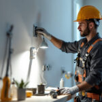 A photograph of a skilled lighting contractor expertly installing an outlet electrical box in a well-lit