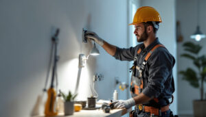 A photograph of a skilled lighting contractor expertly installing an outlet electrical box in a well-lit
