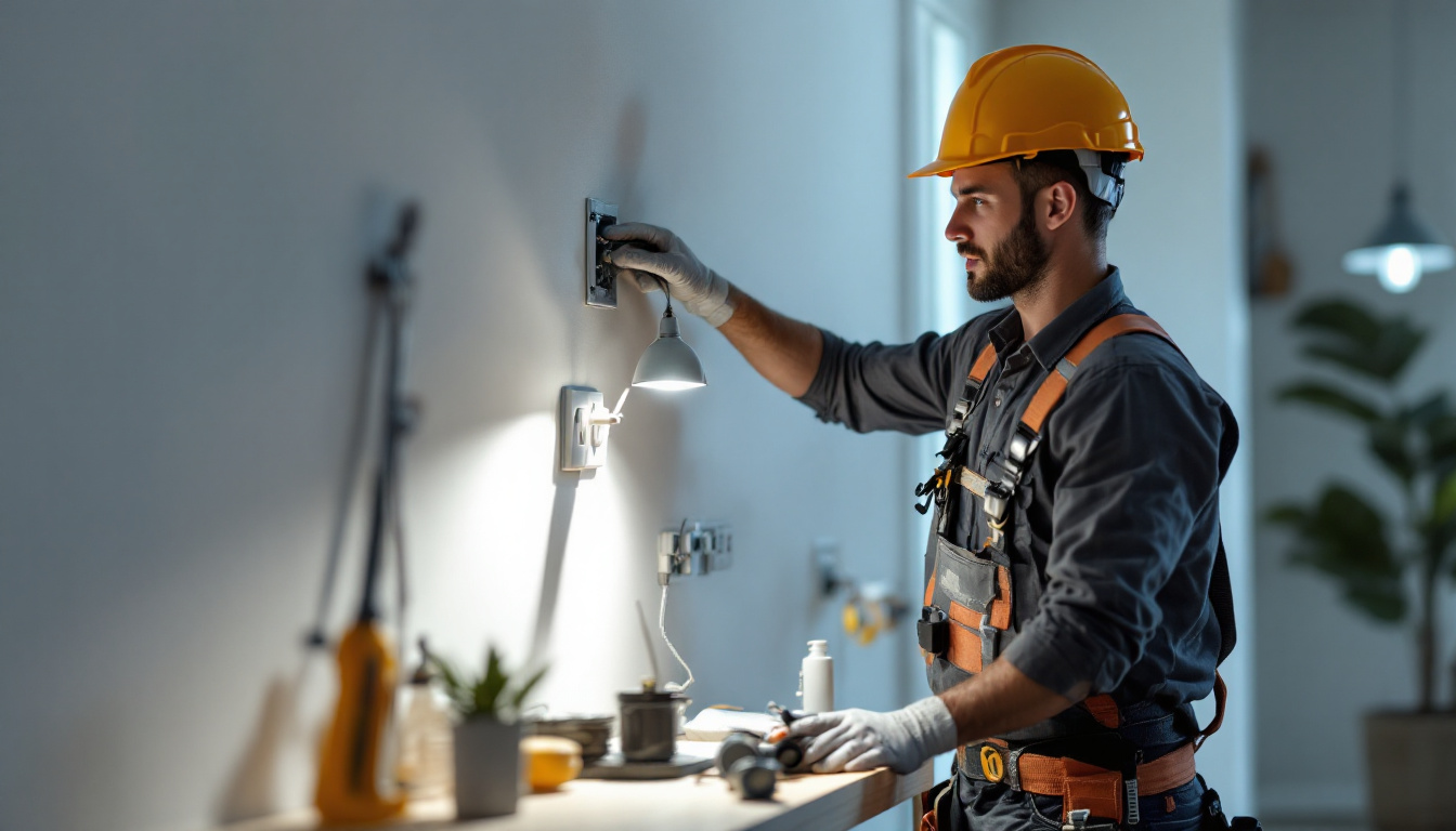 A photograph of a skilled lighting contractor expertly installing an outlet electrical box in a well-lit