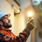 A photograph of a lighting contractor installing outside damp location led light bulbs in a residential or commercial setting