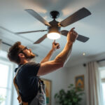 A photograph of a lighting contractor installing a stylish ceiling fan in a well-lit room